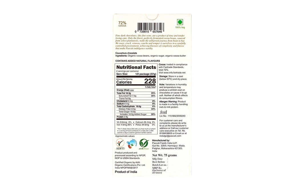 Pascati 72% Dark Idukki, India Organic Chocolate   Box  75 grams